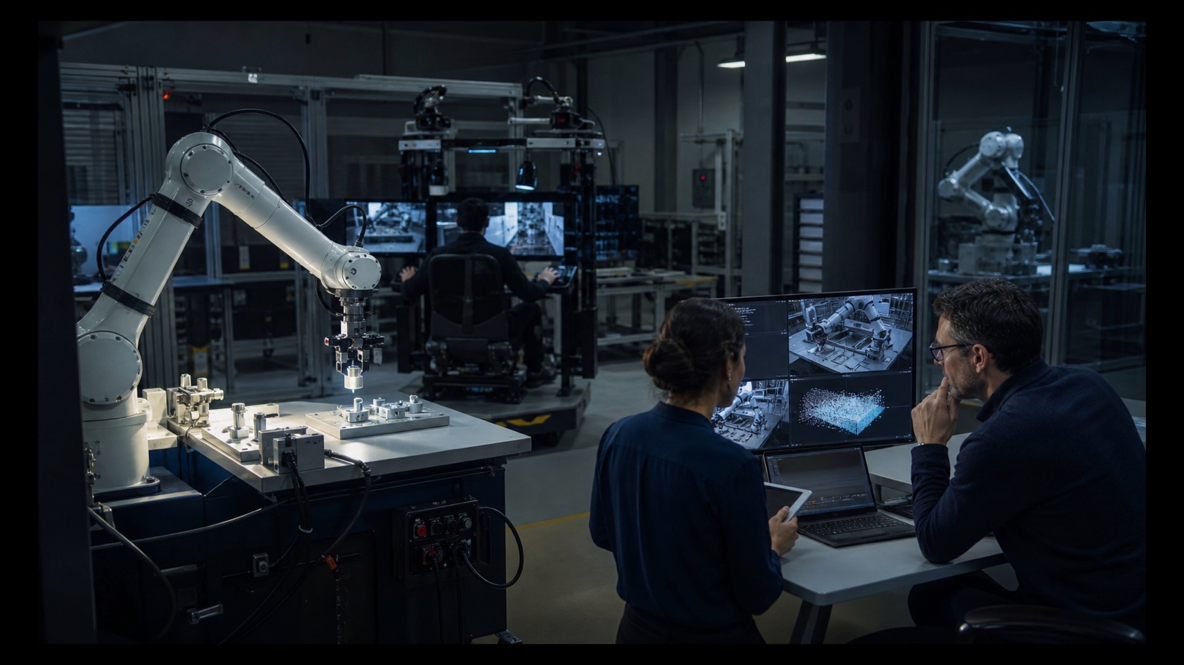 Robotics leaders review collection, evaluation and redeployment evidence across a working industrial robot lab