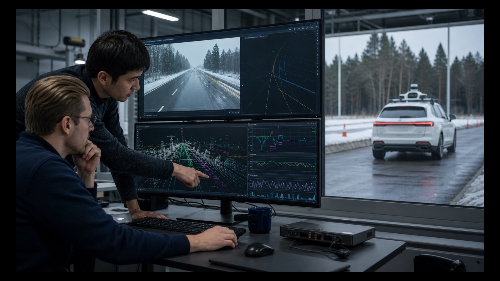 Two autonomous-driving engineers compare a winter road test with synchronized trajectory and LiDAR evidence
