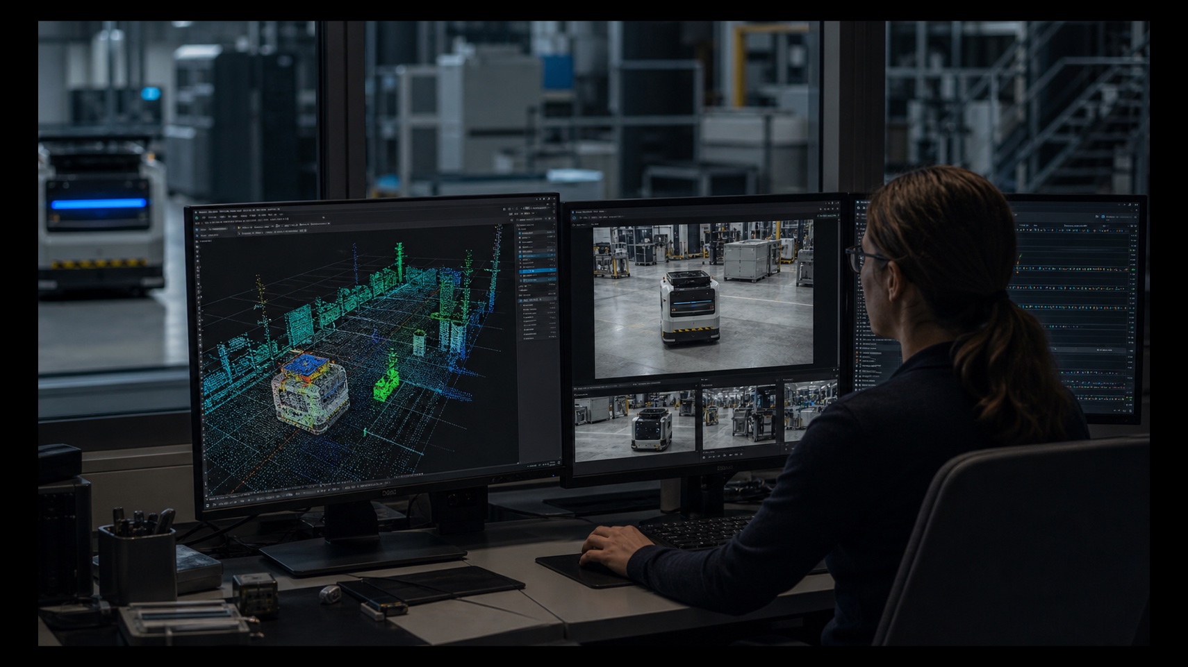 Annotation specialist reviews a warehouse robot through synchronized point-cloud, camera and temporal views