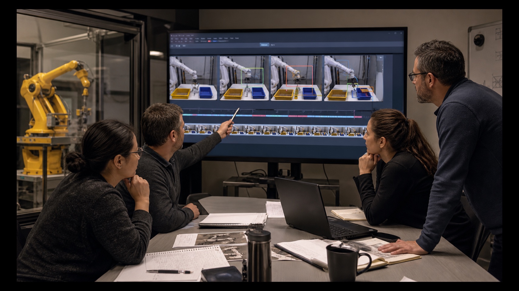 Four experienced annotation specialists calibrate decisions on the same robot manipulation sequence