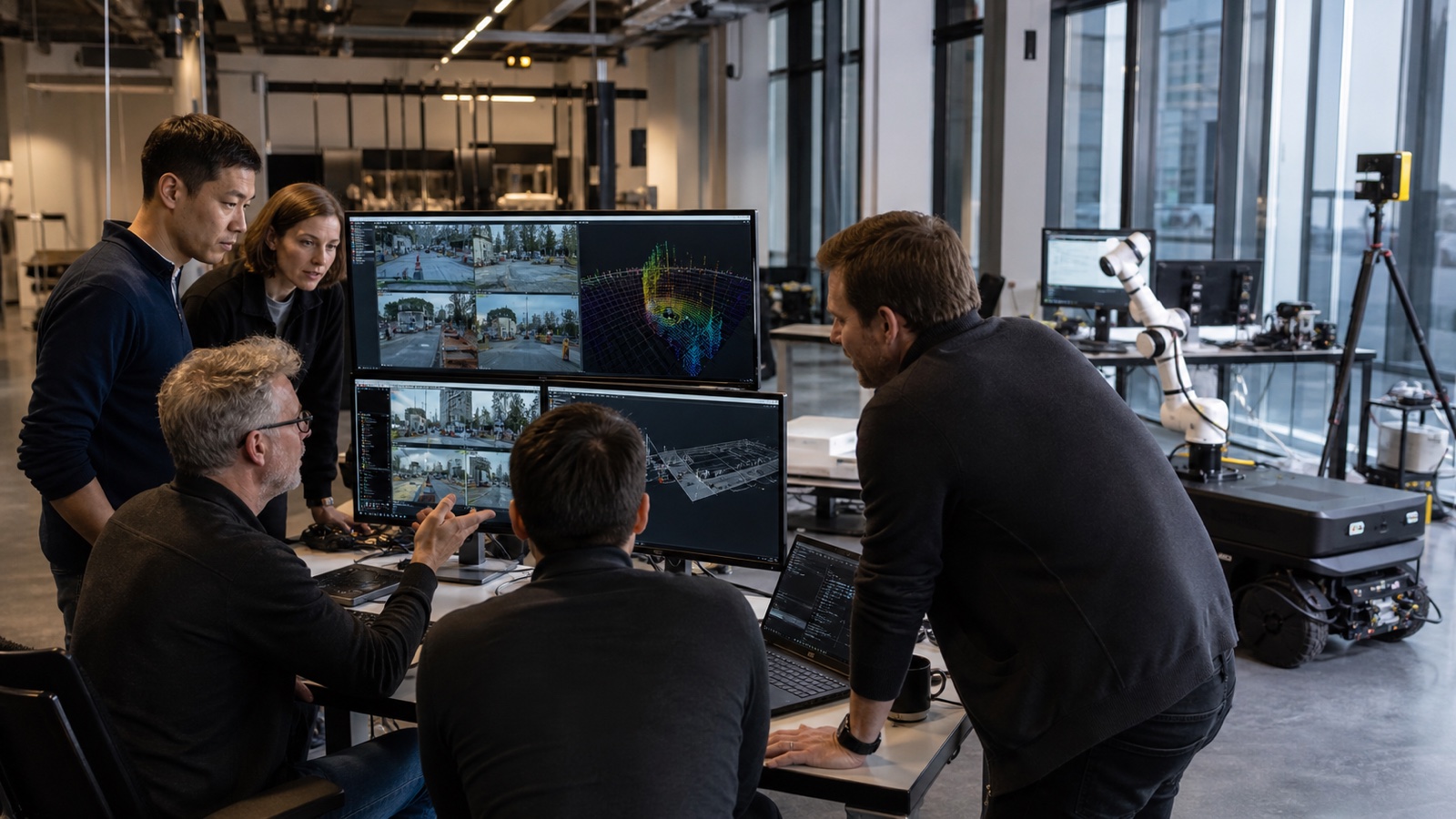 Automotive and robotics leaders reviewing camera and sensor data beside a mobile robot in a working lab