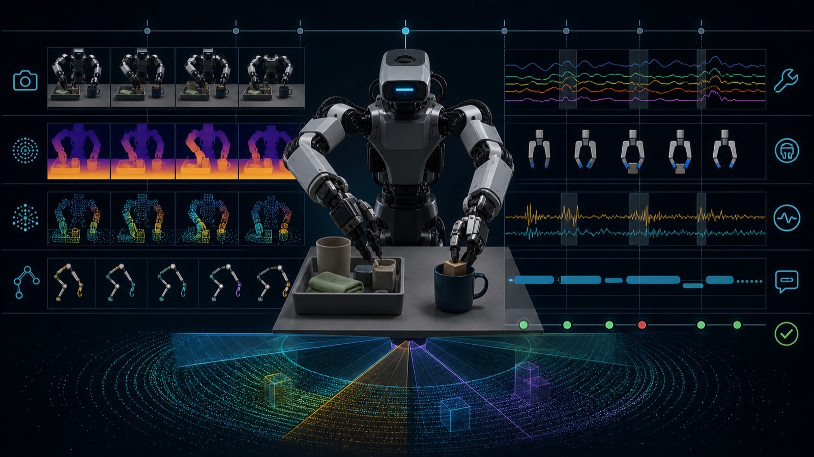 Dual-arm robot surrounded by aligned RGB, depth, point-cloud, joint, force and task-outcome signals