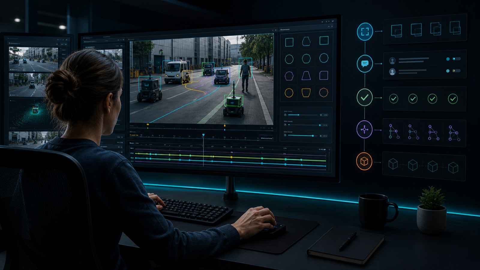 Annotation specialist reviewing tracked road actors, temporal checkpoints and resolved quality comments