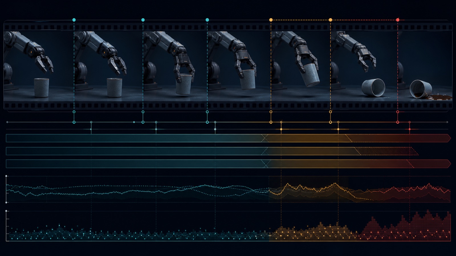 Robot grasp sequence aligned with event segments, state bands and a highlighted failure boundary